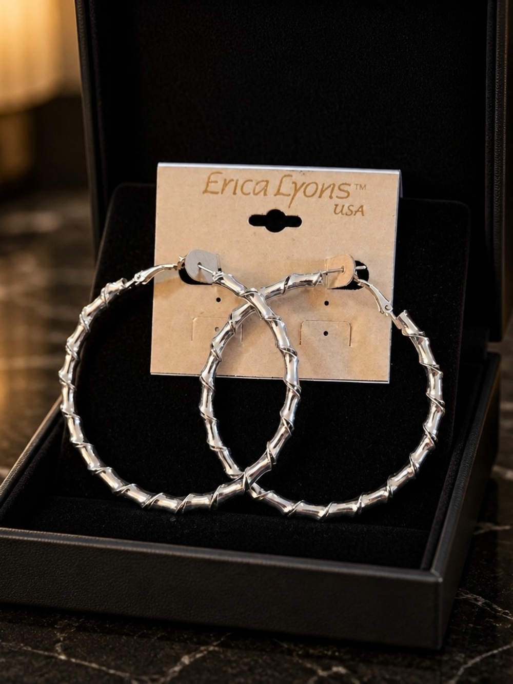 Erica Lyons Silver Bamboo-Style Large Hoop Earrings